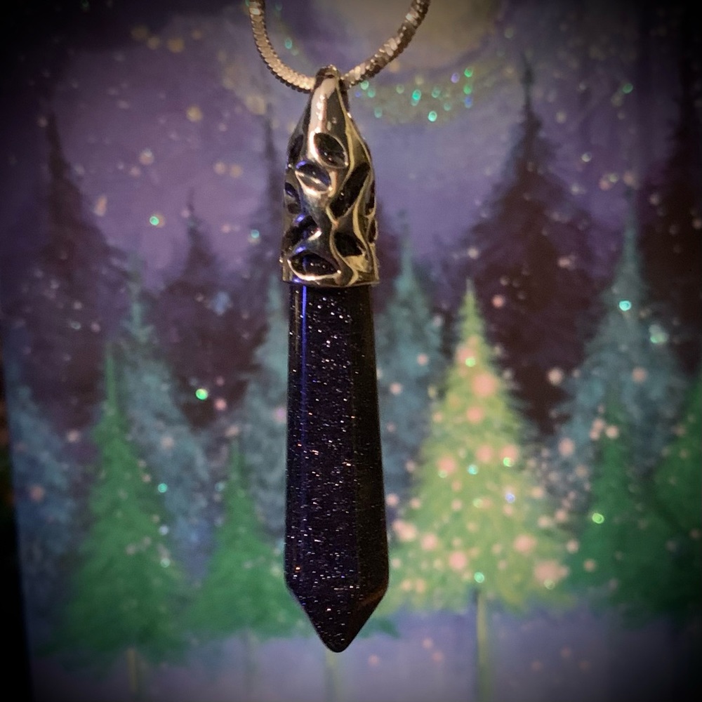 Blue Goldstone filigree crystal point pendant SPARKLY